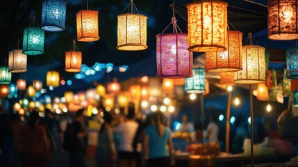 Sticker - Colorful lanterns illuminate a vibrant night market filled with people enjoying the atmosphere.