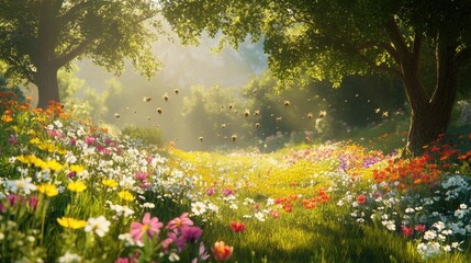 Wall Mural - A vibrant meadow filled with colorful wildflowers and buzzing bees bathed in golden sunlight.