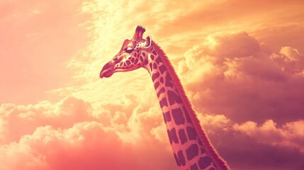 Poster - Giraffe enjoying beautiful sunset with orange clouds