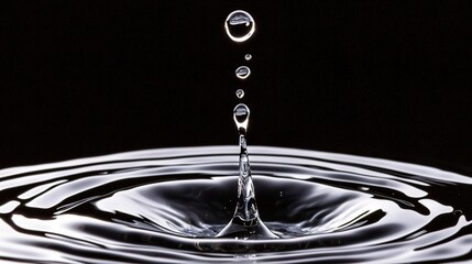 Poster -   A monochrome image of a droplet of water splashing into a pool against a dark backdrop