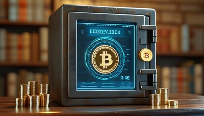 Digital safe with cryptocurrency balance displayed on screen, showcasing secure storage in a futuristic 3D illustration