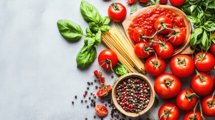 Fresh tomatoes, vibrant basil, and spaghetti are arranged alongside spices, showcasing ingredients for a classic Italian dish