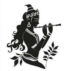 A captivating black and white illustration of Krishna, the Hindu god, playing his flute. The serene expression on his face and his flowing garments evoke feelings of tranquility and peace.