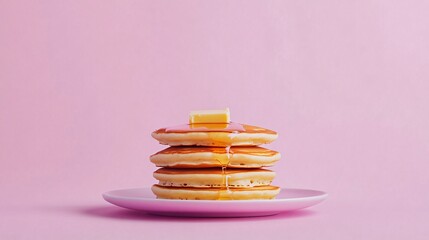 A minimalist stack of pancakes with butter and honey, set against a soft pastel purple background for a calming breakfast aesthetic