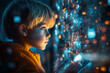 © Ala - A curious child immersed in digital exploration while interacting with a tablet in a futuristic, illuminated environment