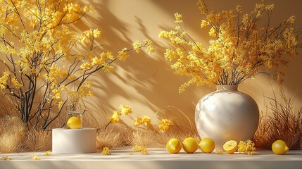 Wall Mural -  Three white vases, each filled with yellow flowers, arranged side by side