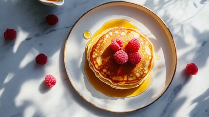 Wall Mural - Clean and simple overhead shot of American pancakes drizzled with honey and topped with raspberries, with minimalistic tableware and soft shadows