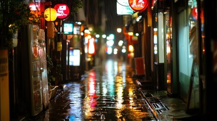 Wall Mural - A rainy street scene illuminated by colorful lights reflecting on wet pavement.