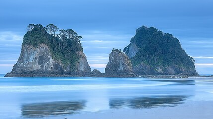 Wall Mural -   A pair of sizeable boulders submerged in a watery expanse, crowned by arboreal foliage atop one of them