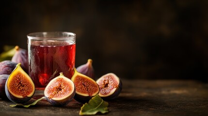 Poster - A glass of fig juice surrounded by fresh figs on a rustic table.