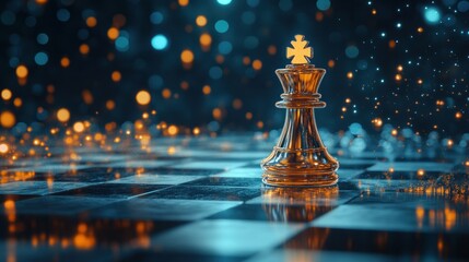 Poster - A close-up of a glass chess piece on a reflective board with a bokeh background.