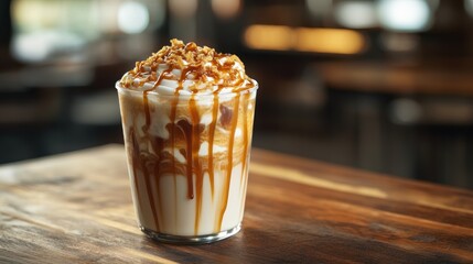 Poster - A delicious dessert drink topped with caramel and nuts, served in a glass.