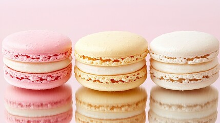 Wall Mural -   A trio of macaroons rests atop a reflective surface against a pink backdrop