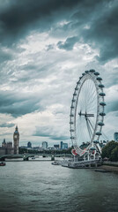 Wall Mural - London Eye with cloudy sky creates dramatic atmosphere over Thames