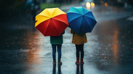 Sticker - Two children stand in the rain, holding colorful umbrellas on a wet street.