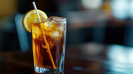 Wall Mural - A refreshing iced tea with lemon, served in a clear glass on a wooden table.