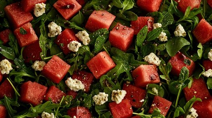   A close-up picture shows a salad with watermelon, feta cheese, and spinach