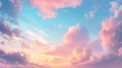 Pink and blue sunset sky with fluffy clouds