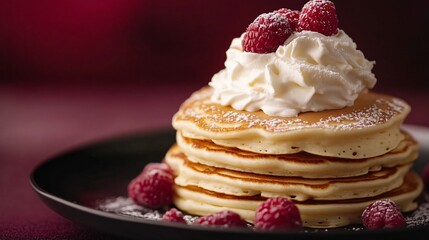 Wall Mural - Fluffy pancake stack with a generous serving of whipped cream, placed on a deep plum background, styled with a modern touch