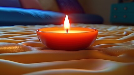 Wall Mural -   A lit candle placed on a bed cover with a blue comforter beside it