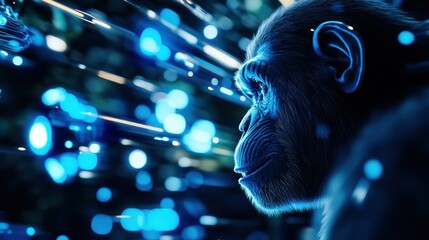 Wall Mural - A stylized gorilla profile amidst vibrant blue light streaks, evoking a futuristic atmosphere.