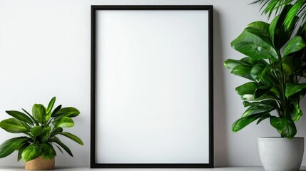 Wall Mural - A minimalist Scandinavian living room featuring a black framed canvas against a white wall, flanked by lush green potted plants. The clean lines and simple design create a serene and inviting space.