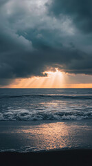 Wall Mural - Moody ocean scene with dark clouds and soft glowing light