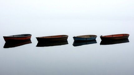 Poster -   Three small boats float on water in front of a hazy sky