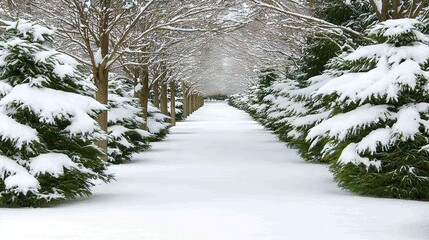 Wall Mural -   Row of trees covered in snow adjacent to snowboarder on snow-covered path