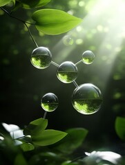 a molecule, in 3d, floats amidst lush green foliage, symbolizing the harmonious relationship between