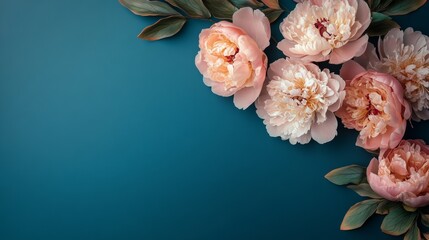 Canvas Print - Corner frame of peonies on teal blue background with copy space