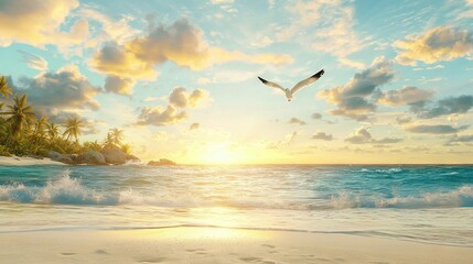 Canvas Print -  Seagull flying over palm-tree lined beach with sun shining through cloudy sky