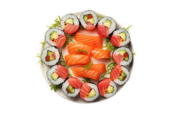 Sushi top view on transparent background. Sushi themes. Top view. Asian cuisine themes. Asian restaurant. Sushi making. PNG cut out. Image for graphic designer. Image for flyers.