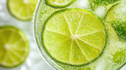 Wall Mural - A refreshing drink with lime slices and bubbles, perfect for hydration.