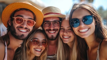 Group of happy friends posing for a selfie on a spring day as they party together outdoors. Group of multicultural friends having a good time together, Generative AI