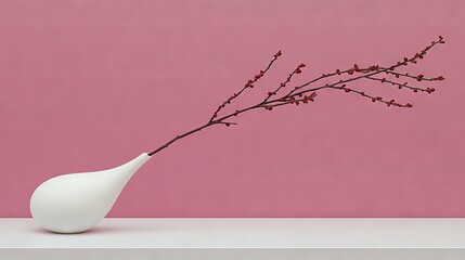 Poster -   A white vase with a twig sticking out its side rests on a table set against a pink backdrop