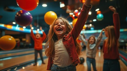 Canvas Print - A joyful child celebrates at a bowling alley with friends, surrounded by colorful balls.