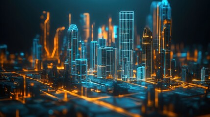 Sticker - A futuristic cityscape illuminated with glowing blue and orange lights.