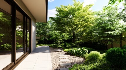 A serene and minimalist modern Japanese house with a zen garden featuring a stone path, lush greenery, and a peaceful atmosphere. The design emphasizes simplicity, tranquility, and connection with nat