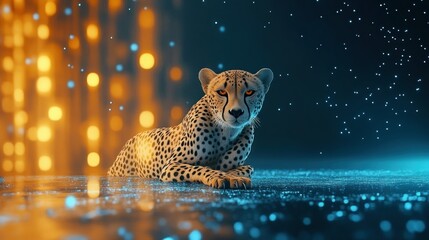 Wall Mural - A serene cheetah rests against a vibrant, illuminated backdrop of blue and orange lights.