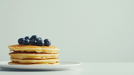 Wall Mural - Modern minimalistic breakfast scene with golden American pancakes and a handful of blueberries on a flat, white table with no distractions