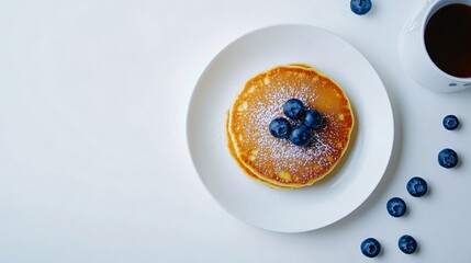 Wall Mural - Modern minimalistic breakfast scene with golden American pancakes and a handful of blueberries on a flat, white table with no distractions