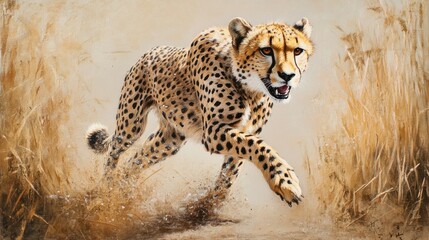 Sticker - A Cheetah Running Through Tall Grass in an Oil Painting