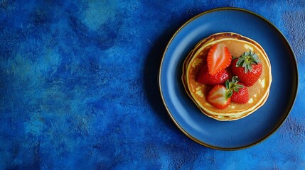 Wall Mural - Pancakes with a side of fresh fruit, set against a rich cobalt blue background for a vibrant and contemporary composition