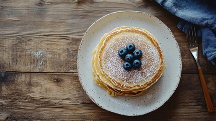 Wall Mural - Simple stack of pancakes with blueberries and powdered sugar, placed on a minimalist wooden table with a single piece of cutlery