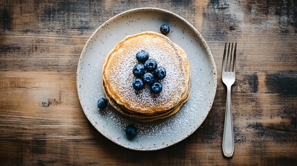 Wall Mural - Simple stack of pancakes with blueberries and powdered sugar, placed on a minimalist wooden table with a single piece of cutlery