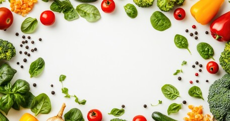 Wall Mural - Fresh vegetables and spices arranged in a frame around a white background.