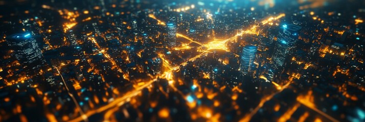 Wall Mural - A stunning aerial view of a futuristic city illuminated by vibrant lights, showcasing interconnectedness, technological advancement, and urban development.  The image symbolizes progress, innovation, 