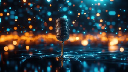 Wall Mural - A vintage microphone stands amidst a vibrant, glowing background of blue and orange lights.