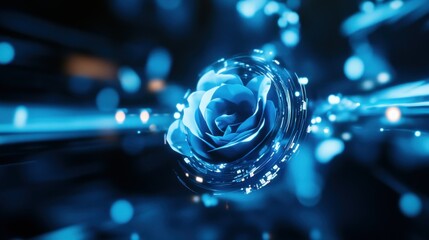 Poster - A glowing blue rose surrounded by light particles, creating a surreal, digital atmosphere.